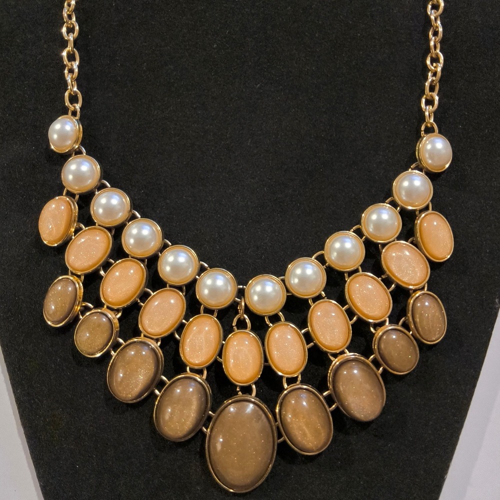 Gold Tone Pearl Shimmer Cabochon Bib Statement Necklace NY New York & Company